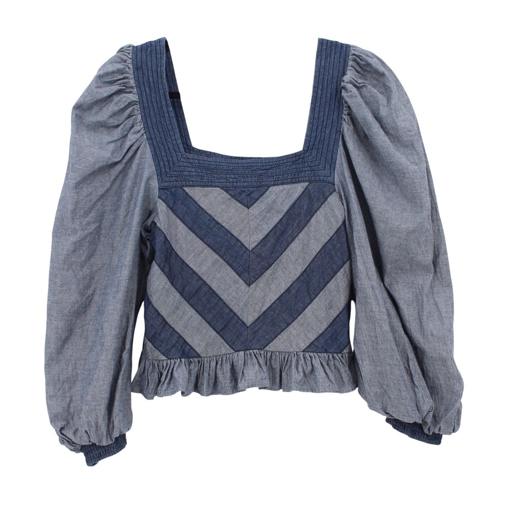 Love the Label Blouse Top XS Blue Chevron Puff Sleeve Smocked Back Boho